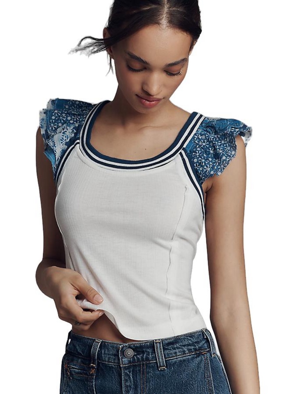 Pilcro Flutter Sleeve Sport Tank Top Size Small White/Blue NWT - C67-001